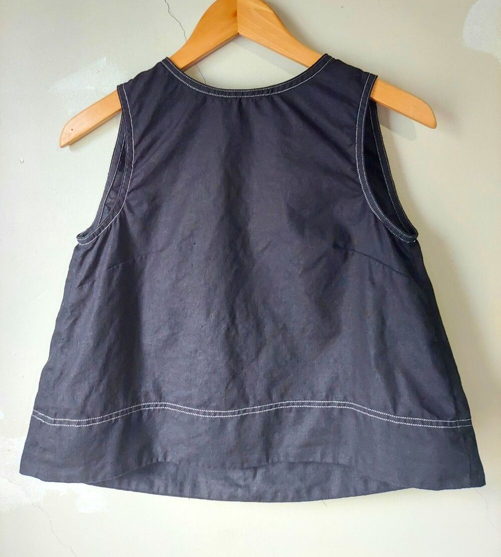 Madewell 100% Linen Woven Contrast Stitch Minimalist Tank Coastal Grandma Black
